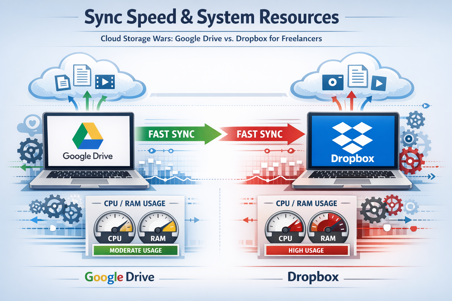An animated infographic or detailed illustration depicting 'Sync speed and system resources' for Cloud Storage Wars: Google Drive vs. Dropbo