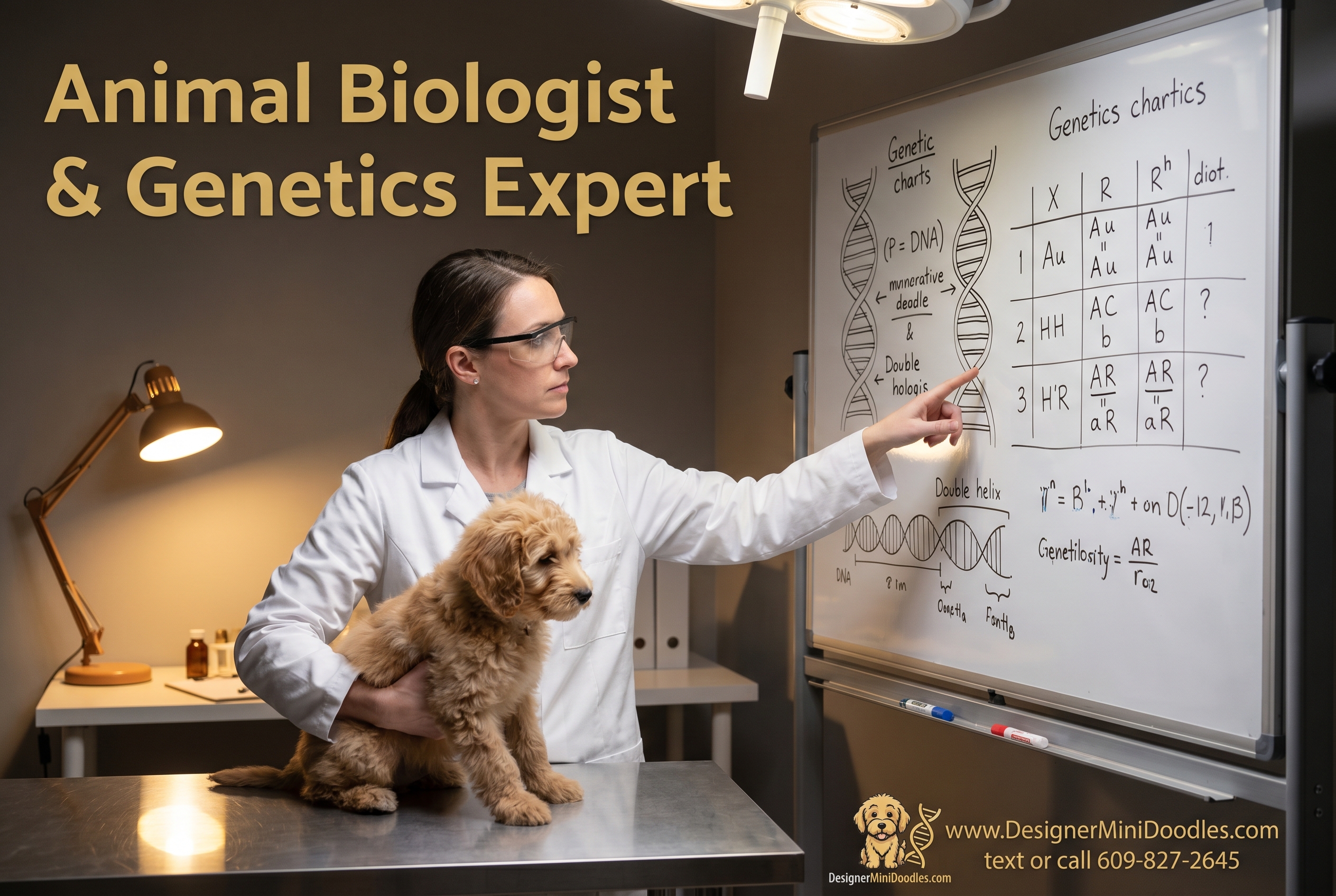 Detailed () showing a professional animal biology laboratory setting with a woman scientist in a white lab coat examining a
