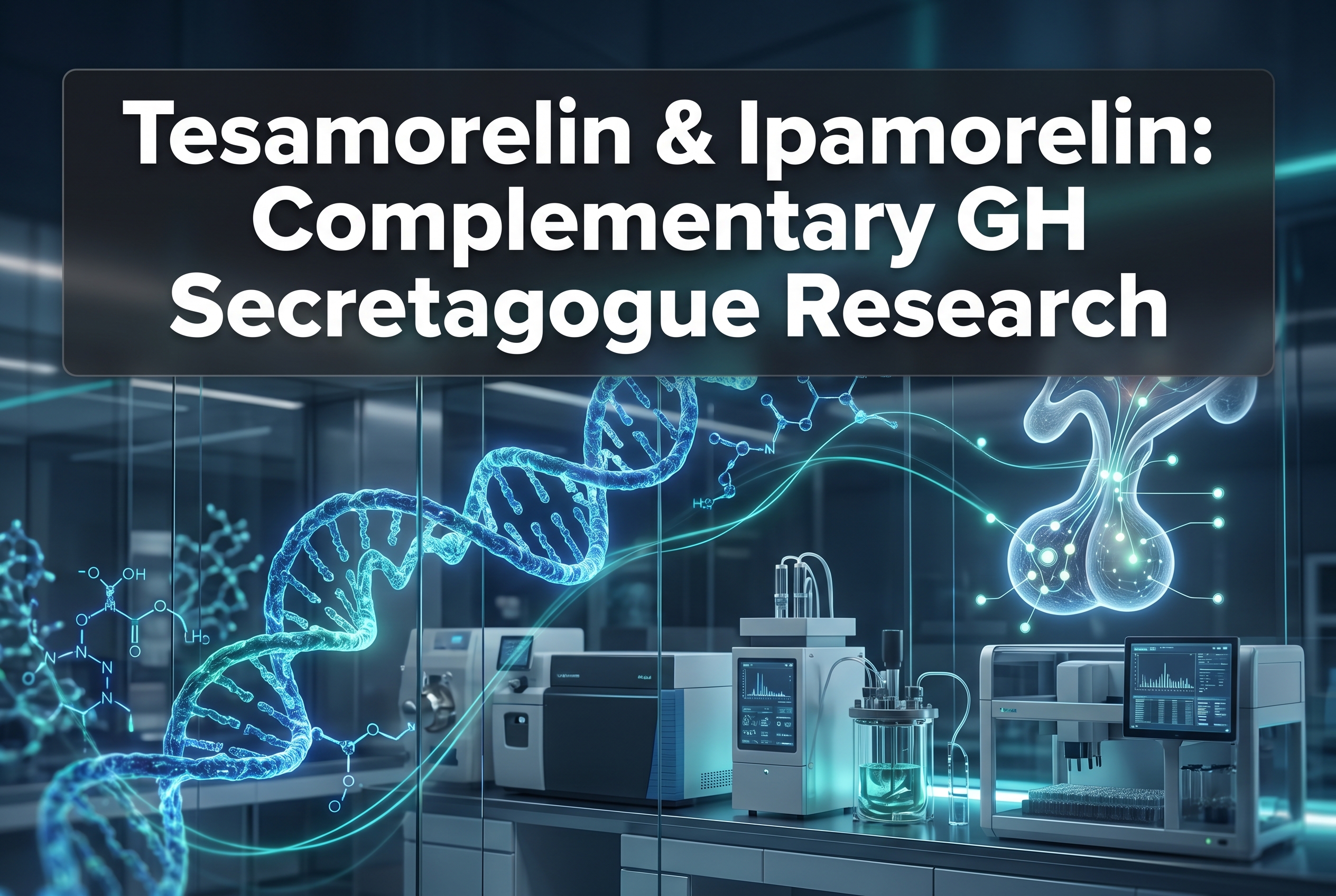 Professional () hero image with : 'Tesamorelin & Ipamorelin: Complementary GH Secretagogue Research' in extra large white