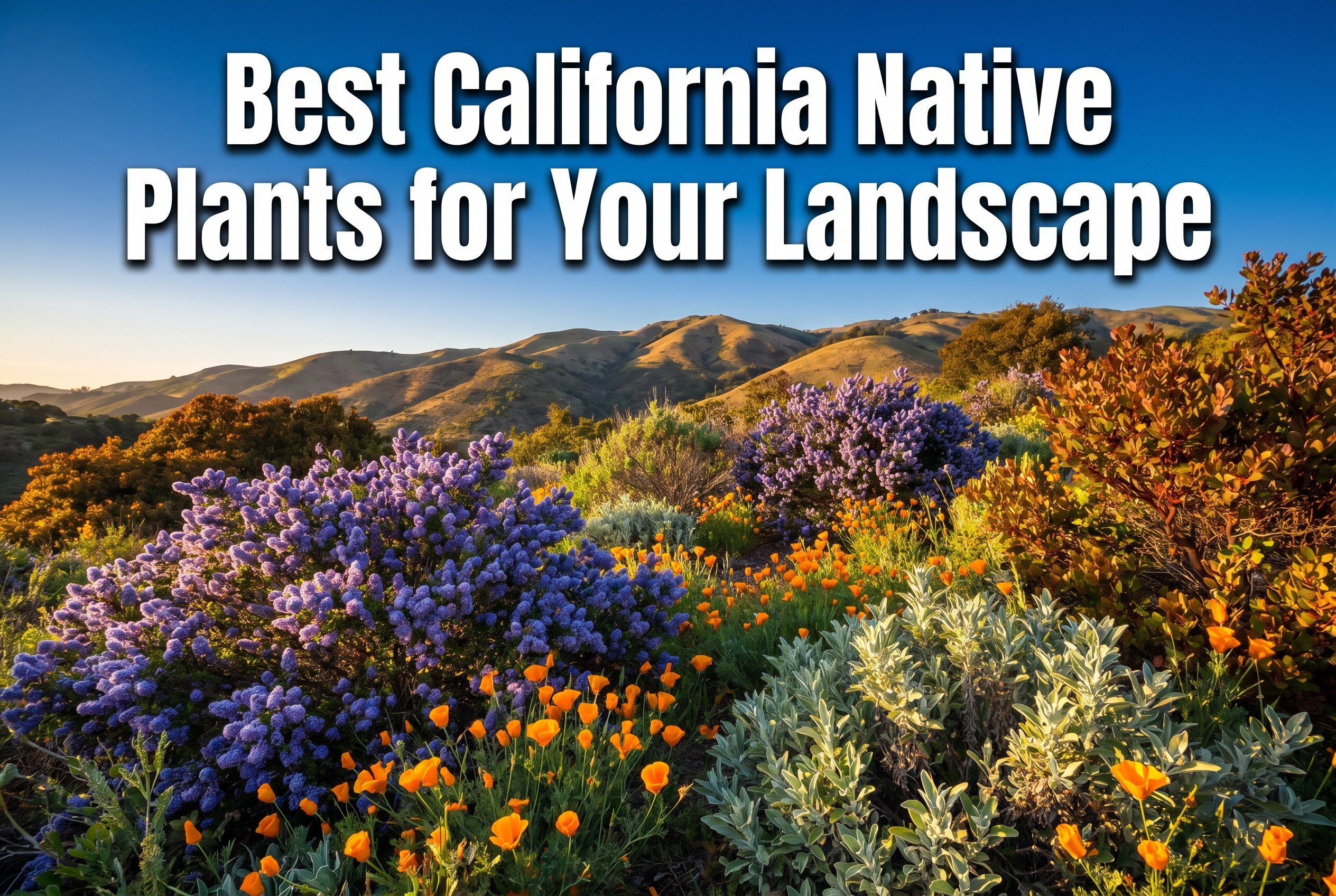 Professional () hero image with 'Best California Native Plants for Your Landscape' in extra large white with dark , centered