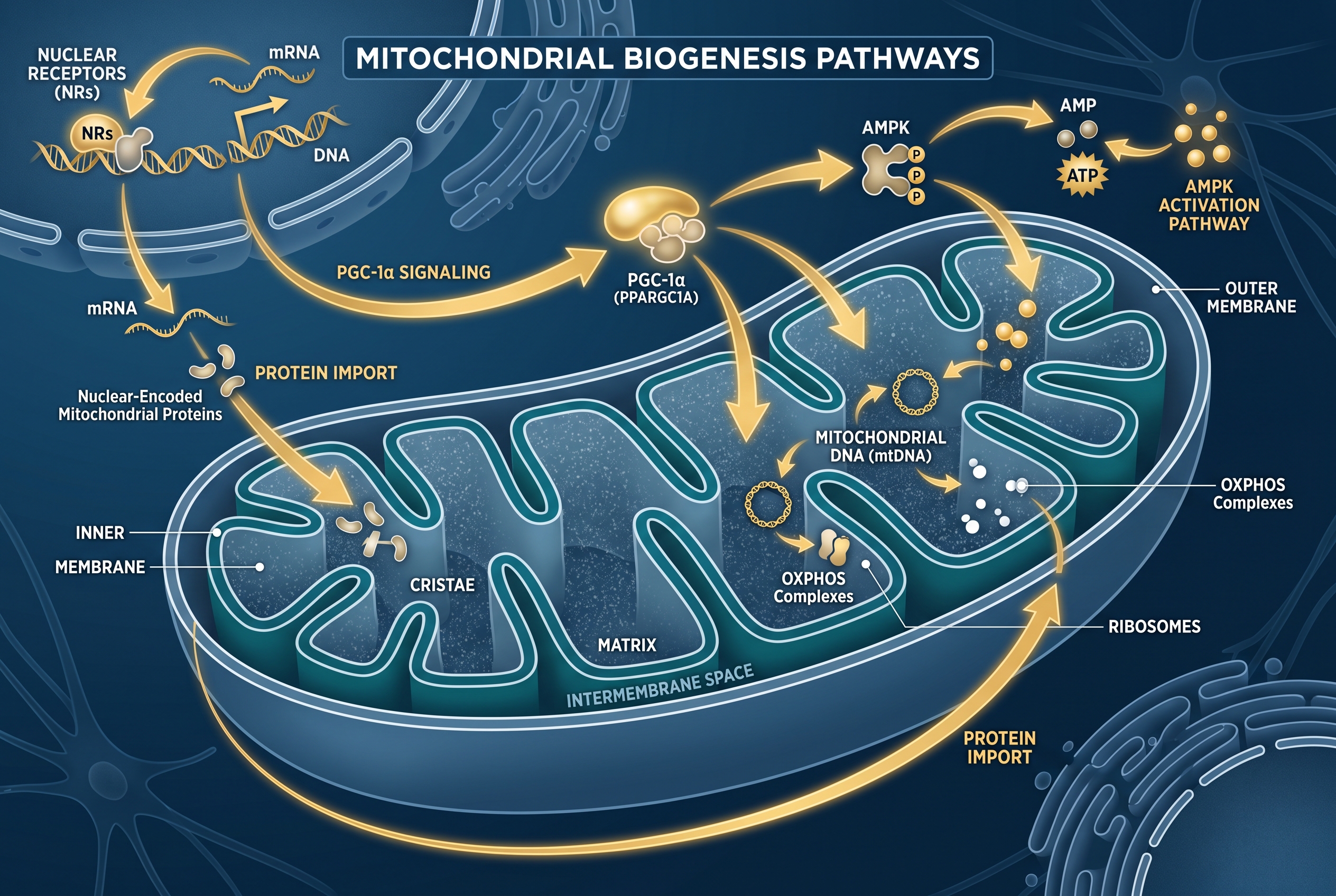 Detailed () scientific illustration showing a cross-section of a mitochondrion with labeled inner membrane, cristae, and