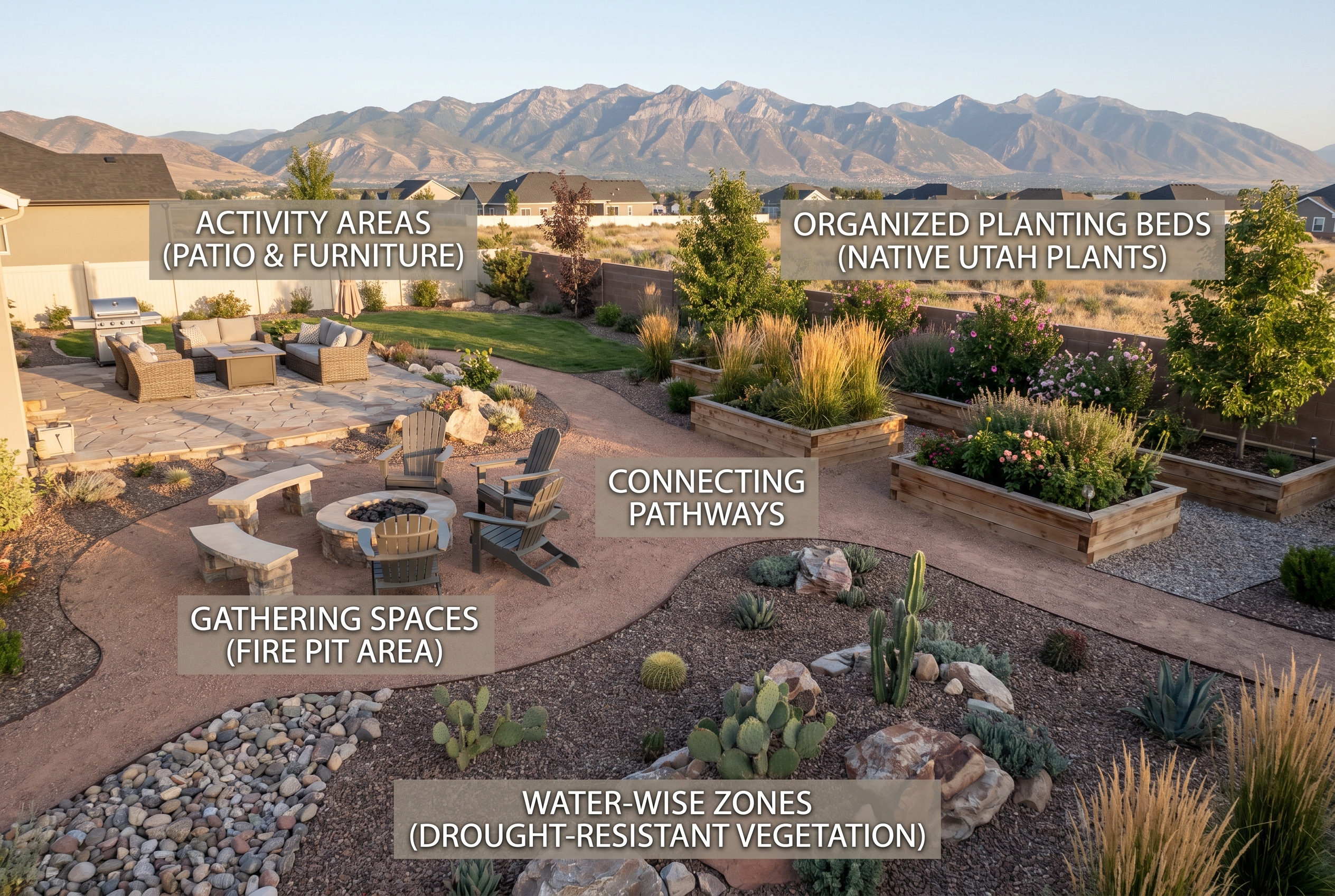 Detailed () image showing the five Utah Localscapes design principles in action. Split-screen composition featuring a