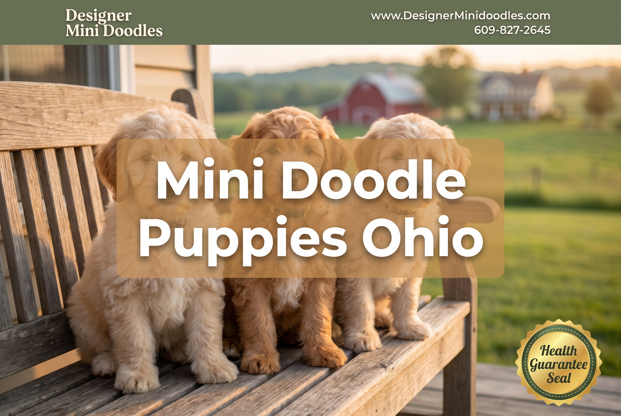 Each image should have the "Designer Mini Doodles" logo, the website www.DesignerMinidoodles.com, the phone 609-827-2645 and