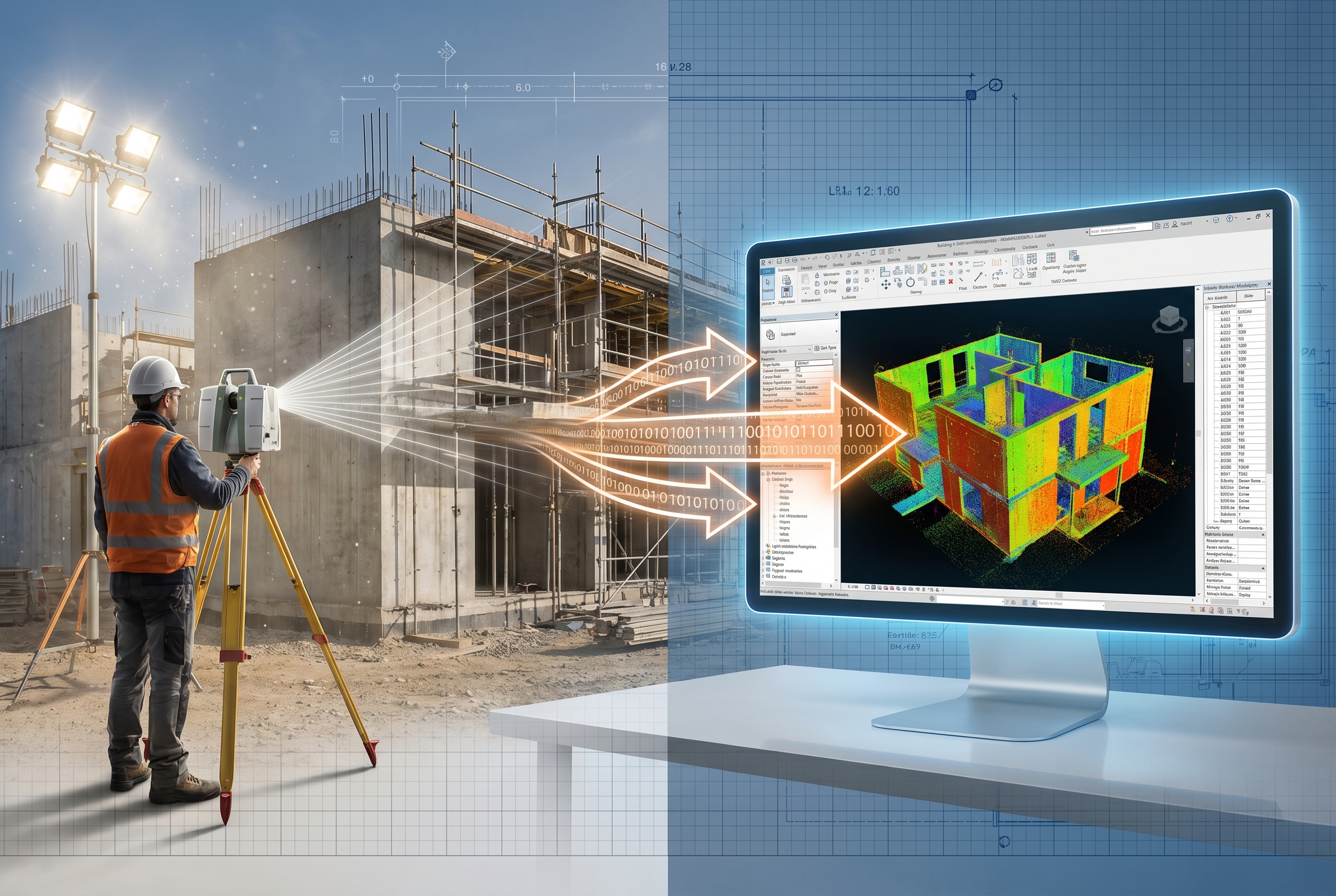 () detailed illustration showing a split-scene: left side depicts a surveyor operating a terrestrial laser scanner capturing