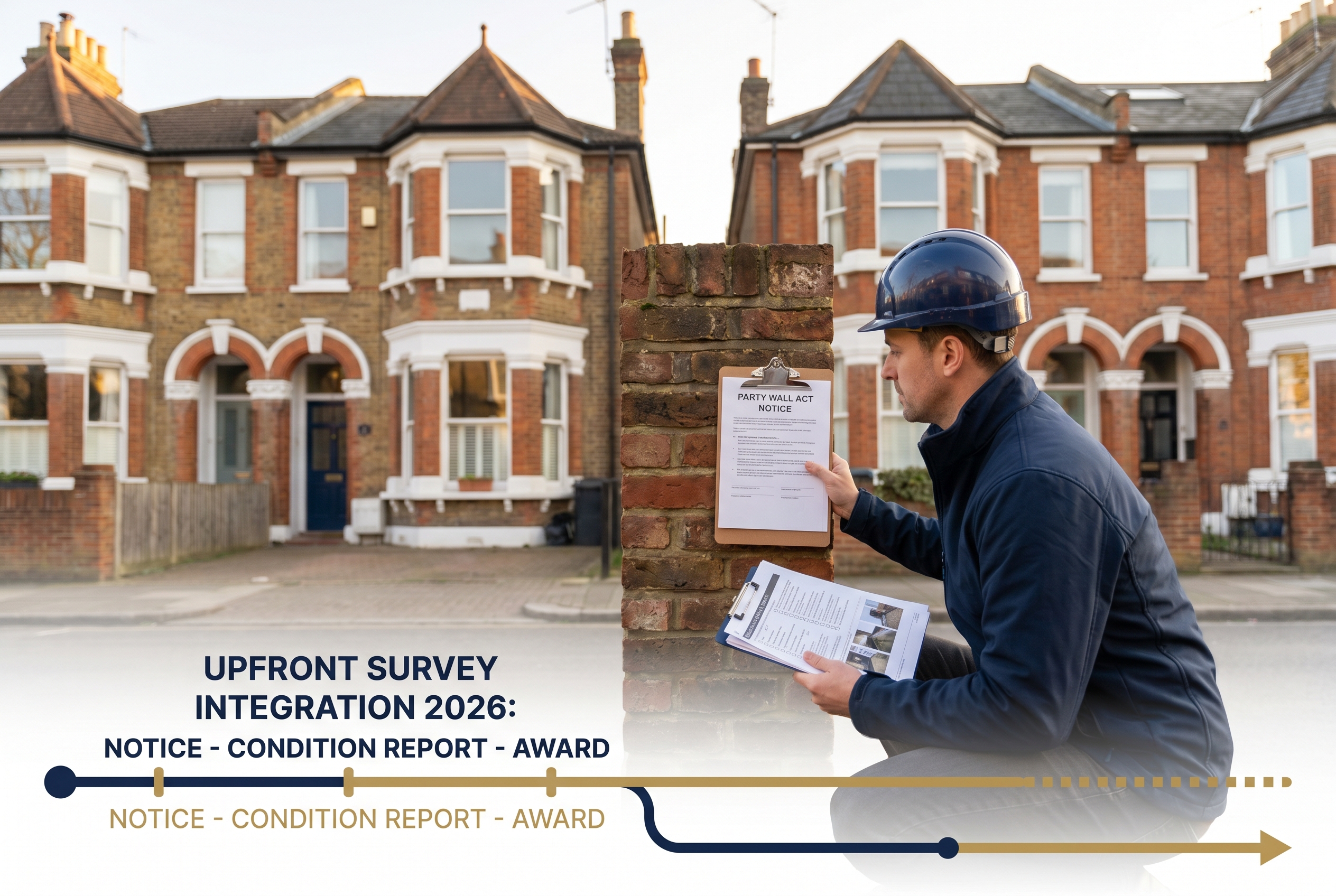 Wide () editorial illustration showing a surveyor examining a shared party wall between two semi-detached London brick