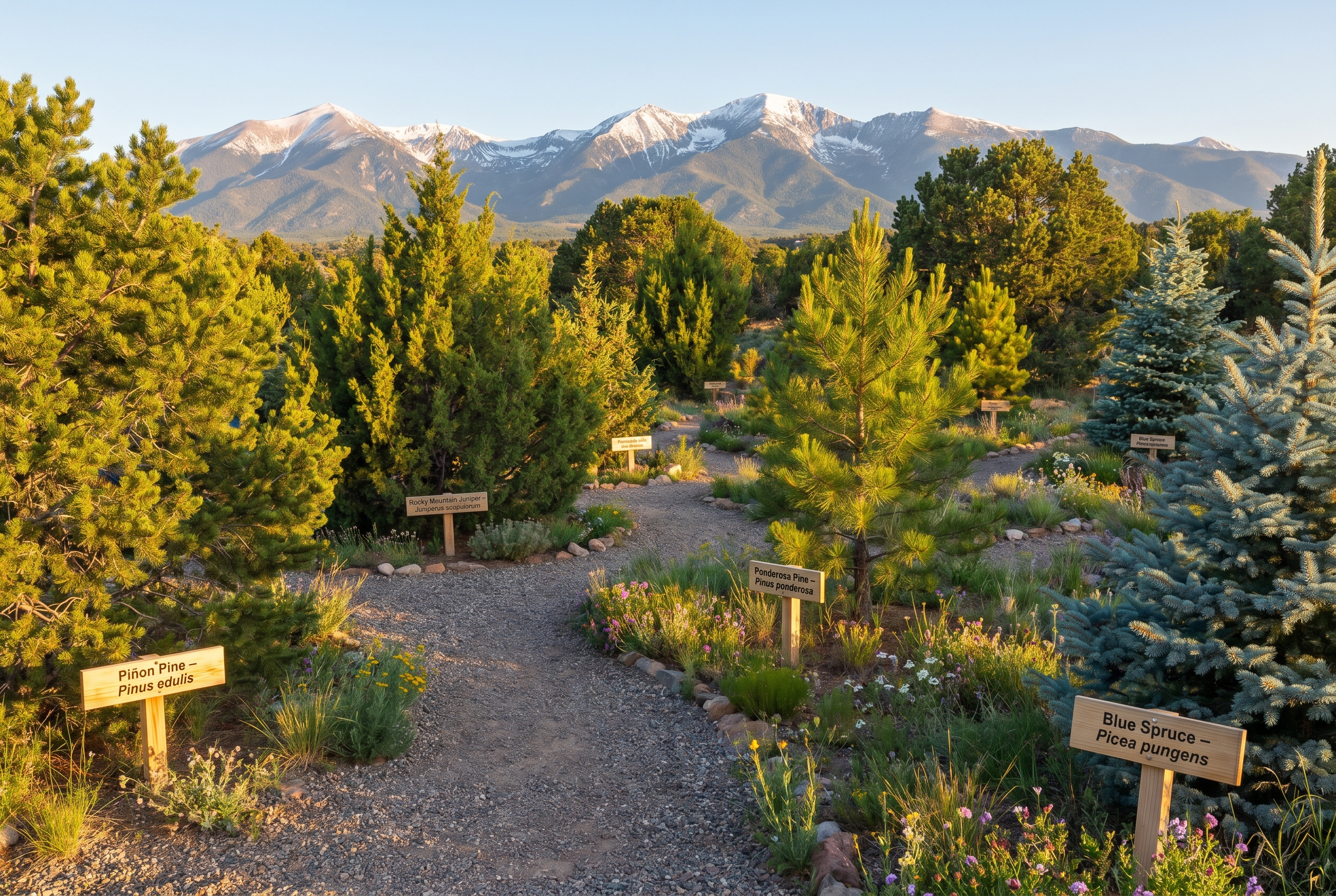 () image showing diverse collection of northern New Mexico mountain native plants including piñon pine, juniper, ponderosa
