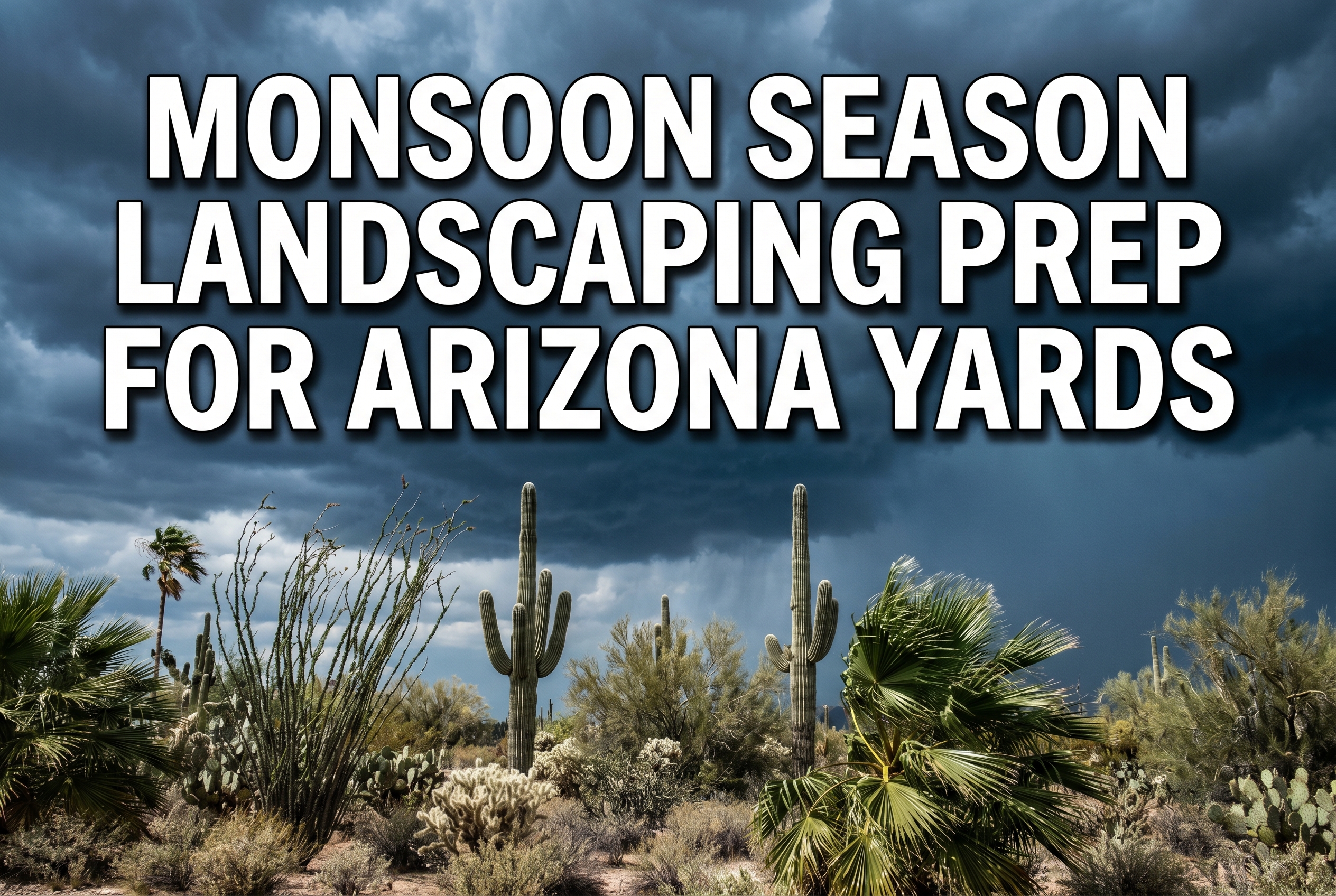 Professional () hero image featuring 'Monsoon Season Landscaping Prep for Arizona Yards' in extra large white with dark ,