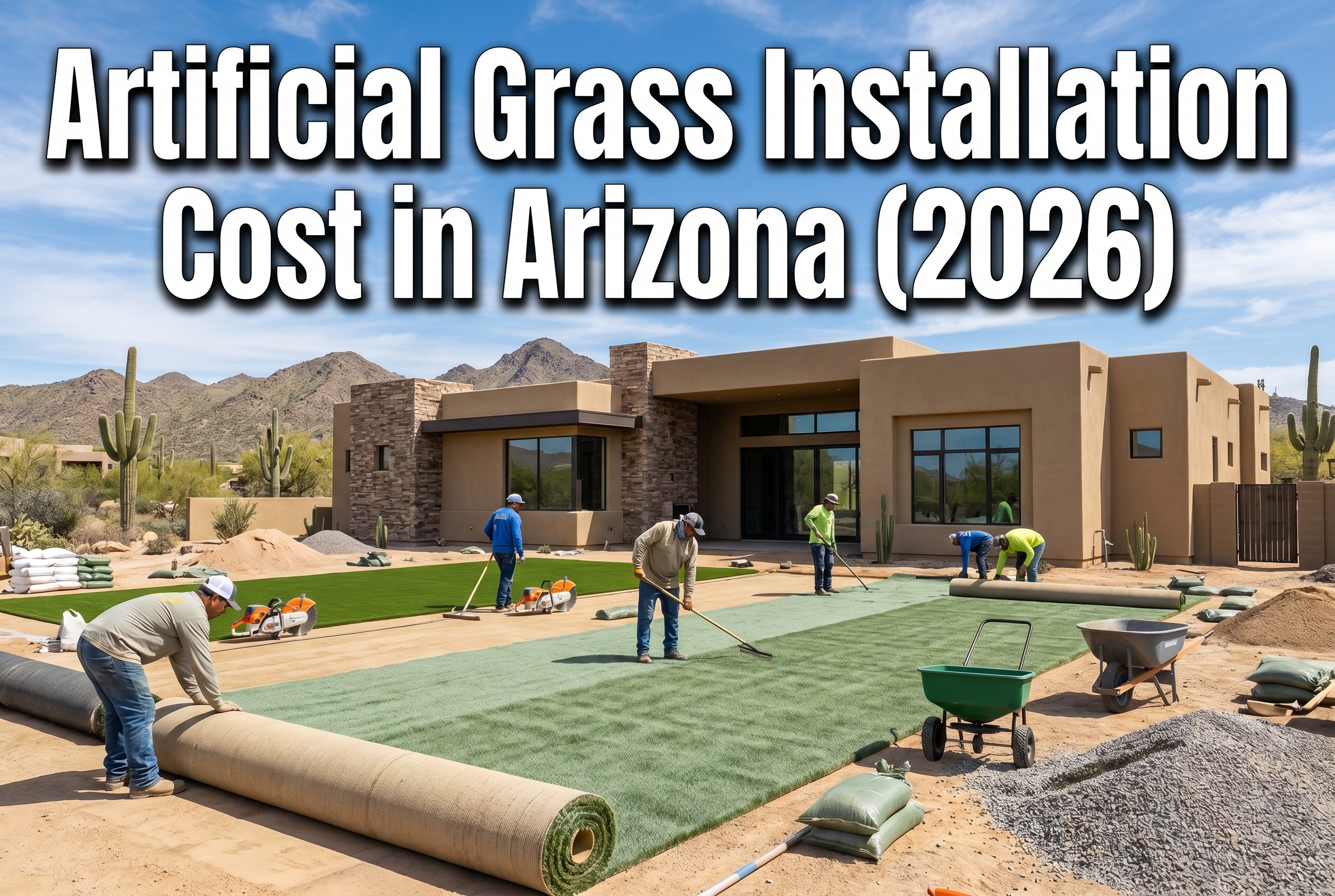 Professional () hero image with 'Artificial Grass Installation Cost in Arizona (2026)' in extra large white with dark ,