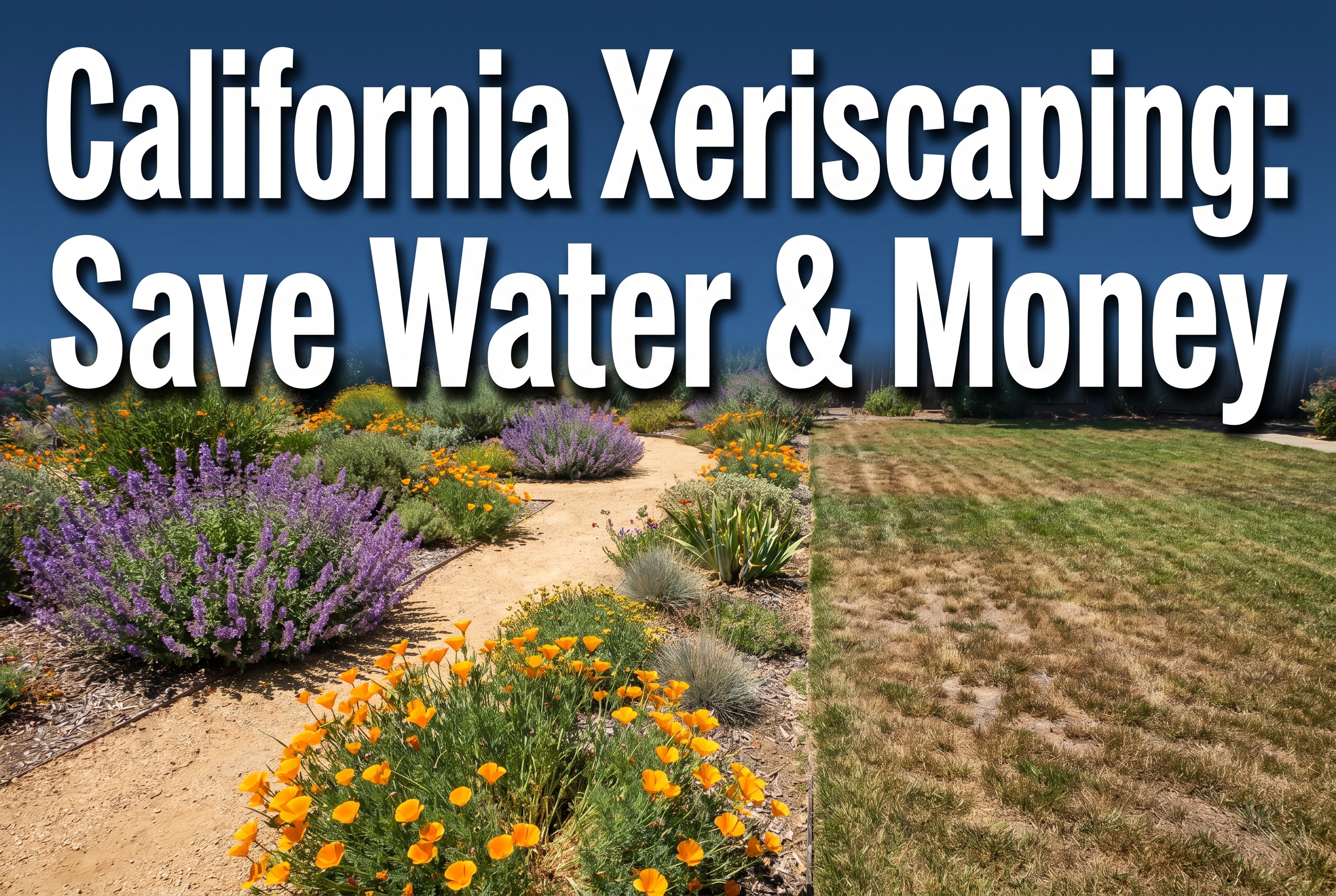 Professional () hero image featuring 'California Xeriscaping: Save Water & Money' in extra large white with dark ,