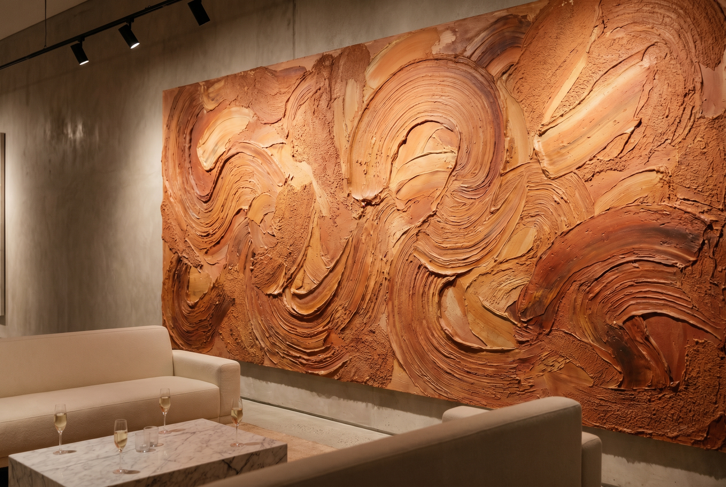 () editorial image showing a close-up of a large-scale abstract party wall installation in an upscale event space, featuring