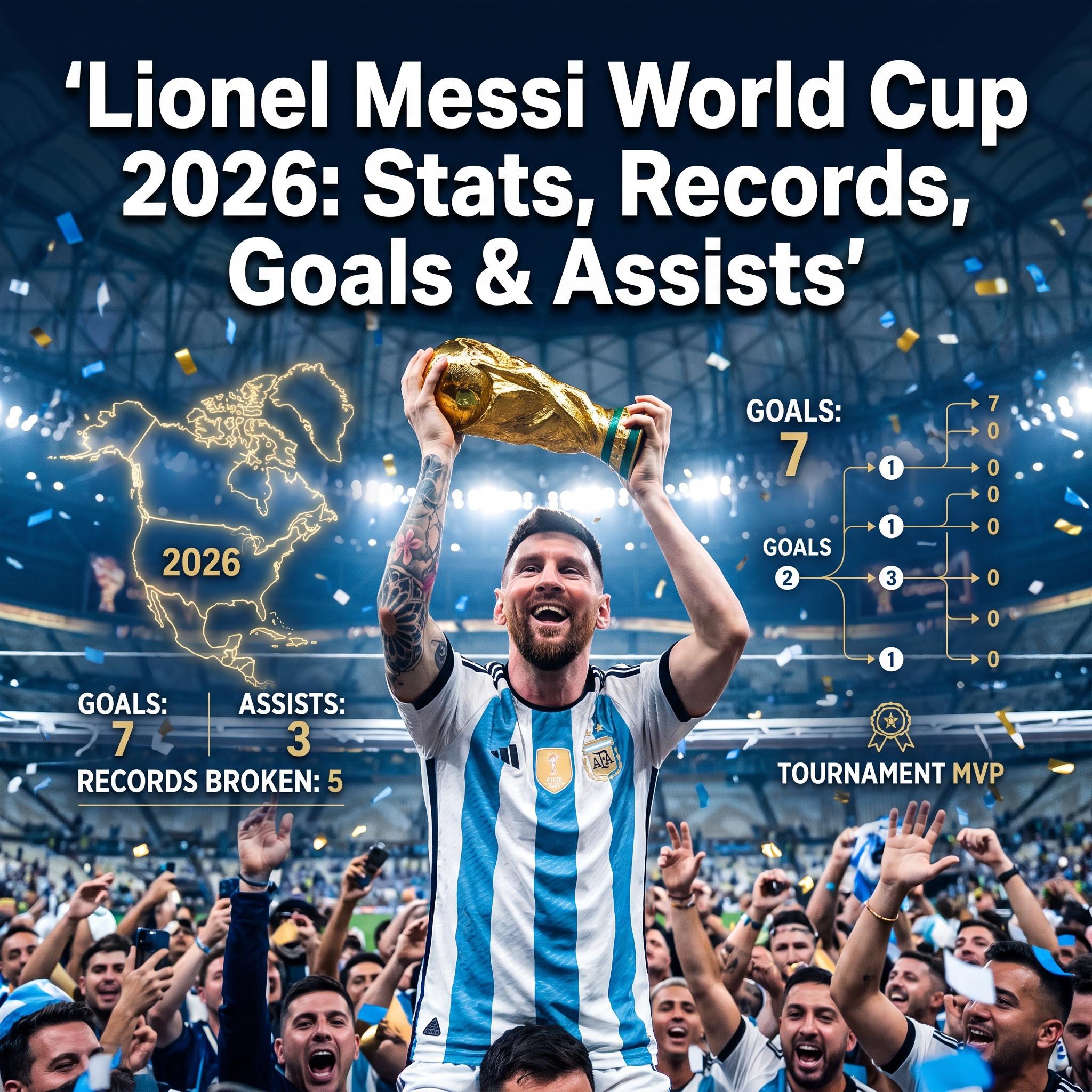 Professional () hero image featuring 'Lionel Messi World Cup 2026: Stats, Records, Goals & Assists' in extra large white